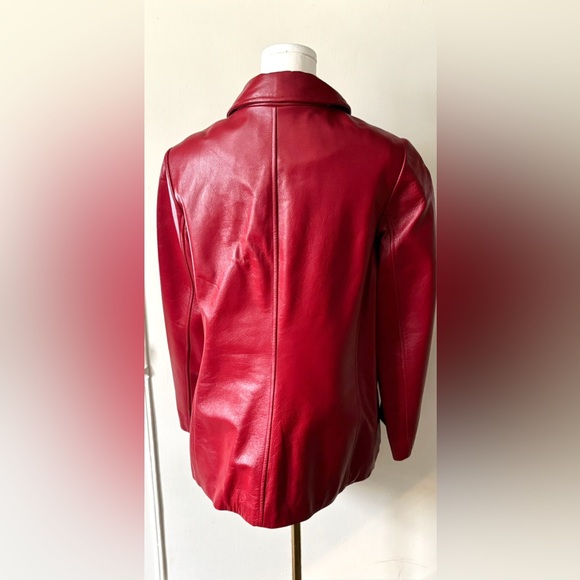 90s Vintage Cherry Red Leather Oversized Flattering Boxy Fit Button Front Jacket - Picture 12 of 16